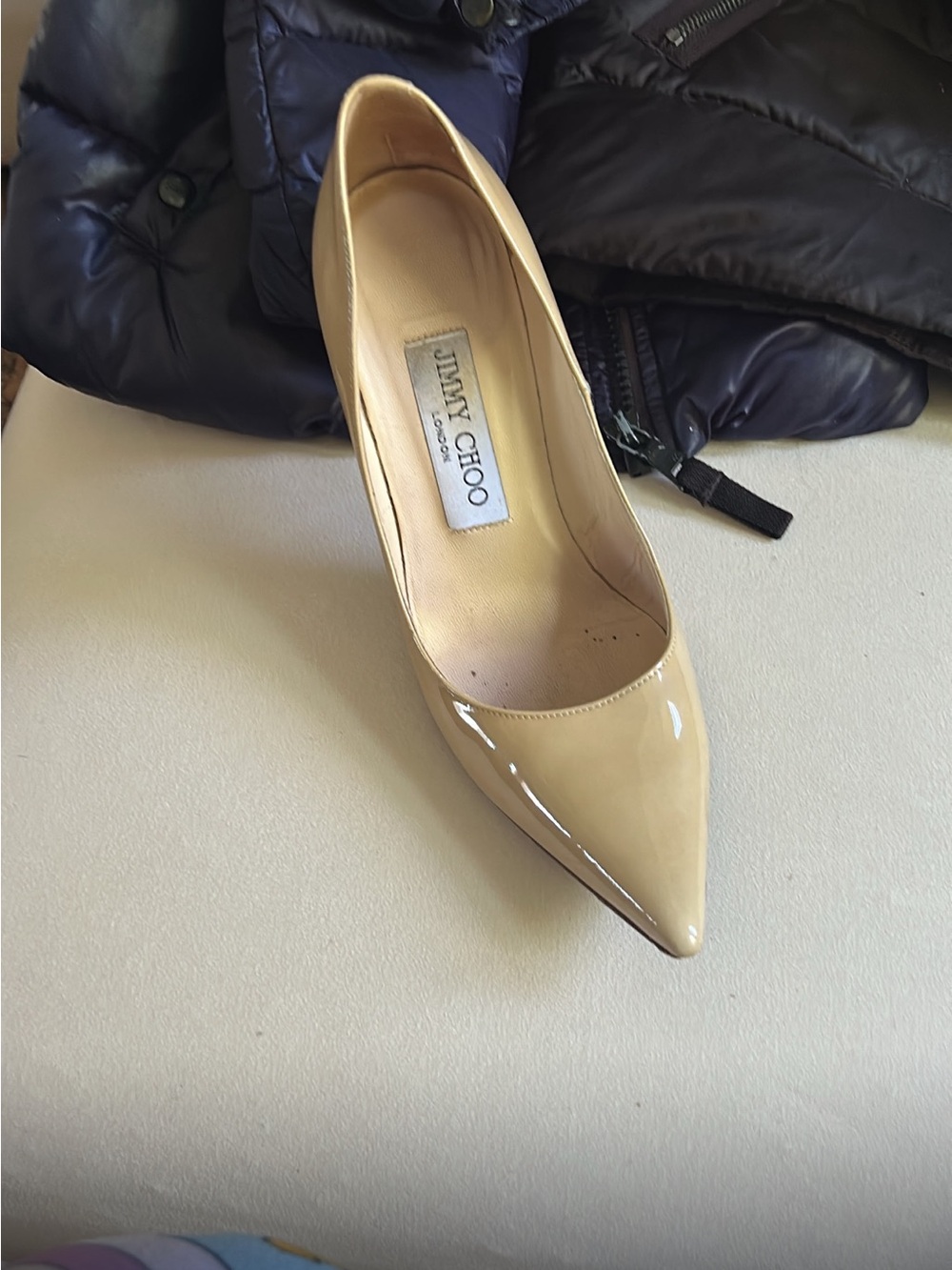 Jimmy Choo Beige Patent Leather Pointed-Toe Pump